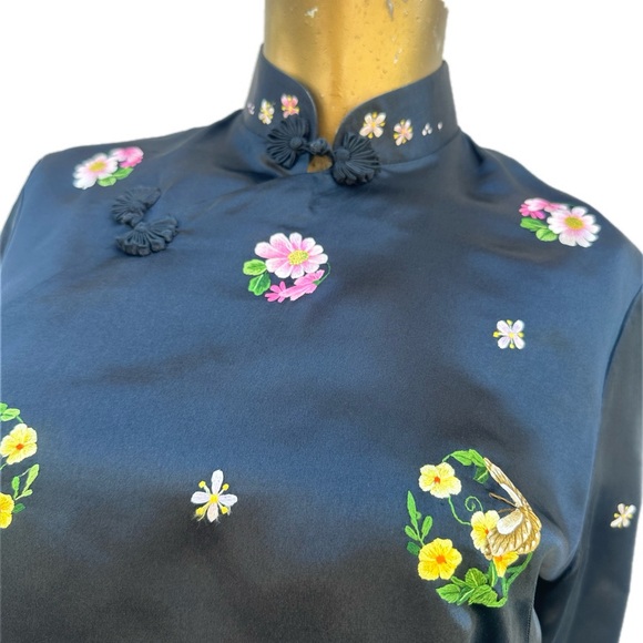 Vintage Chinese Silk Embroidered Top Floral Frog Closure Mandarin Collar 36 - Picture 6 of 12